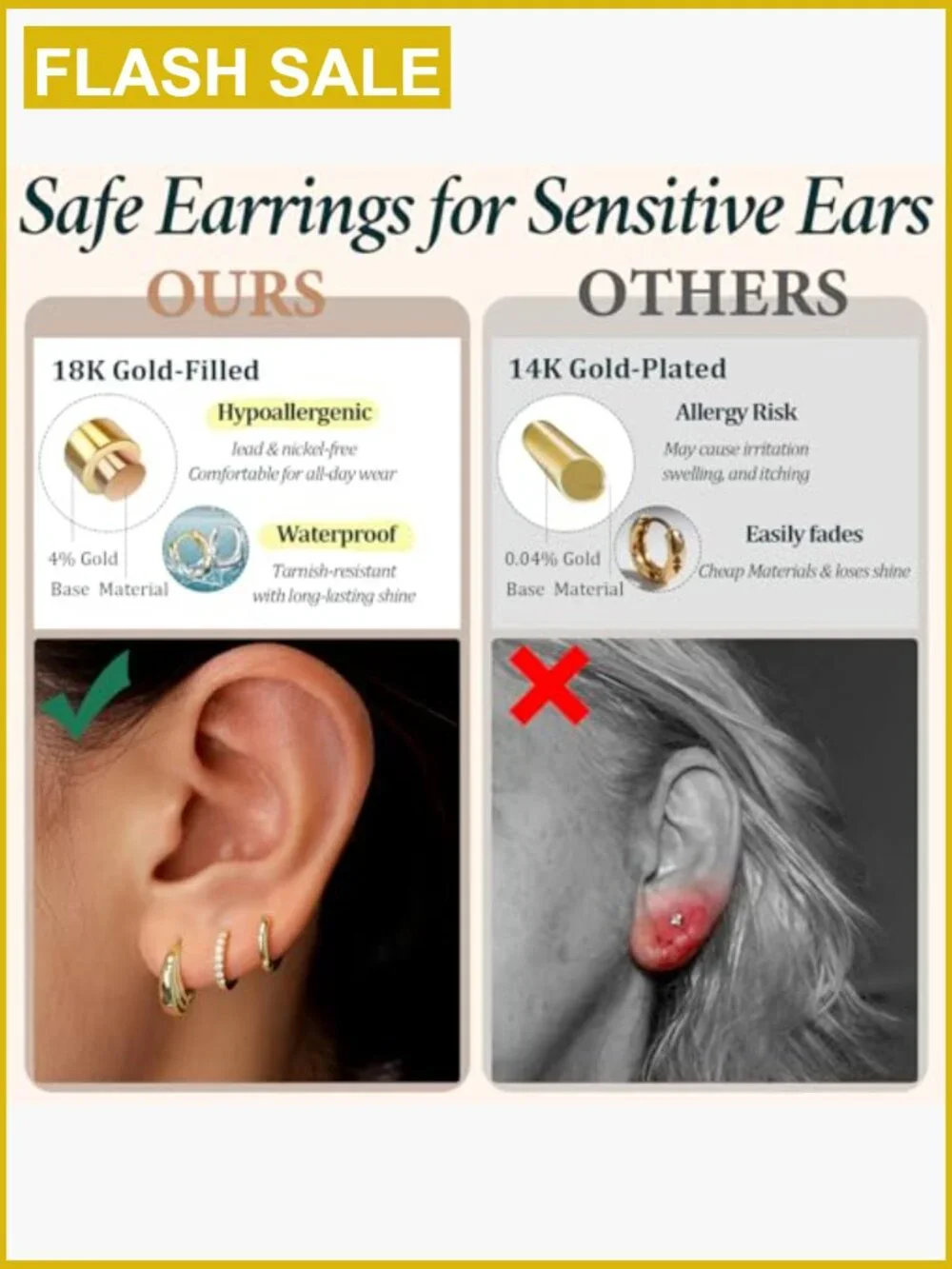 Sterling Silver Huggie Hoop Earrings Set, Hypoallergenic 14K Gold Plated